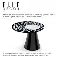 Elle Decor's #EDBuzz features a statement piece of furniture designed by Jimmy & Pearl Mistry in collaboration with ORVI Surfaces to pay an ode to Indian Artisans